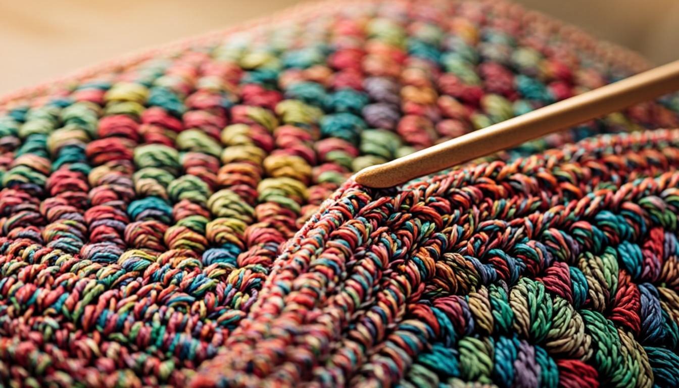 Close up of crochet stitches showing how to change colors in crochet with a seamless color transition