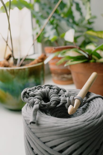 crochet plant pot cover with yarn and potted plants on a serene indoor surface