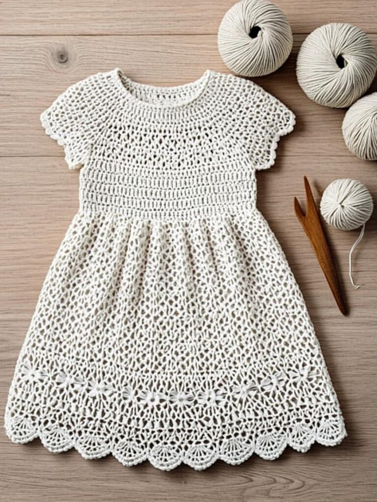 beautiful handmade crochet lace summer dress with yarn and crochet hook