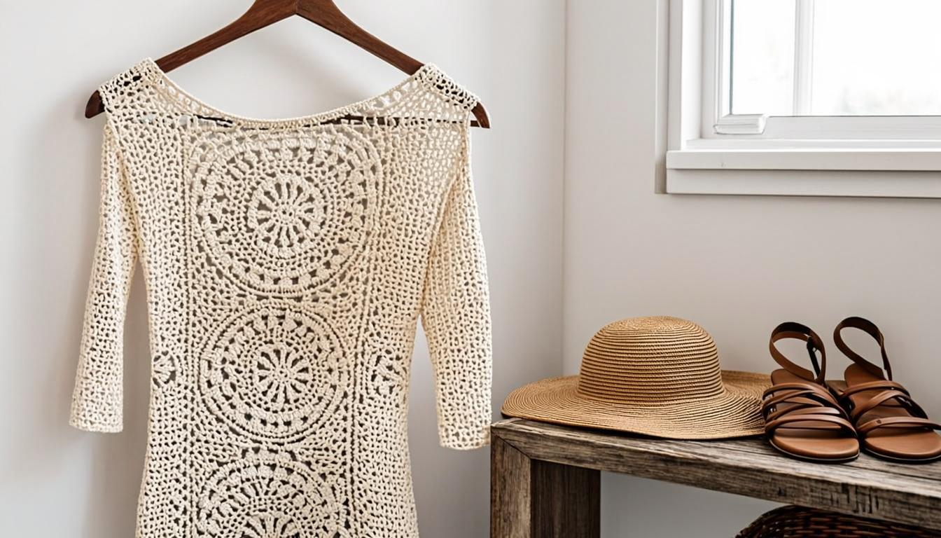 finished crochet dress styled with straw hat and espadrilles