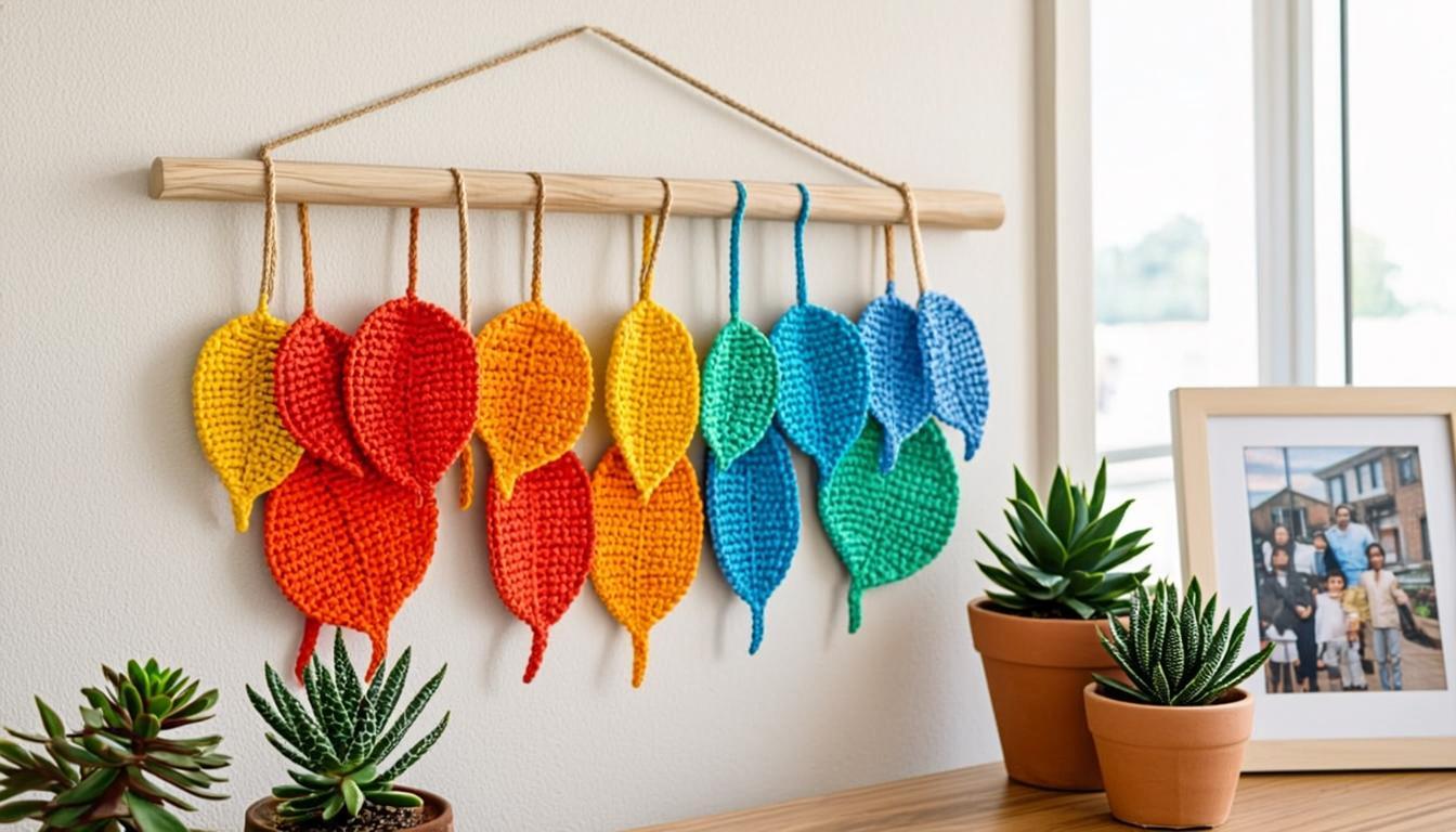 finished crochet leaf garland hung on a wooden peg rail in modern home decor