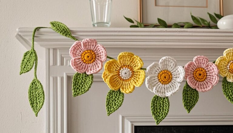 beautiful handmade crochet flower garland draped on a white mantelpiece