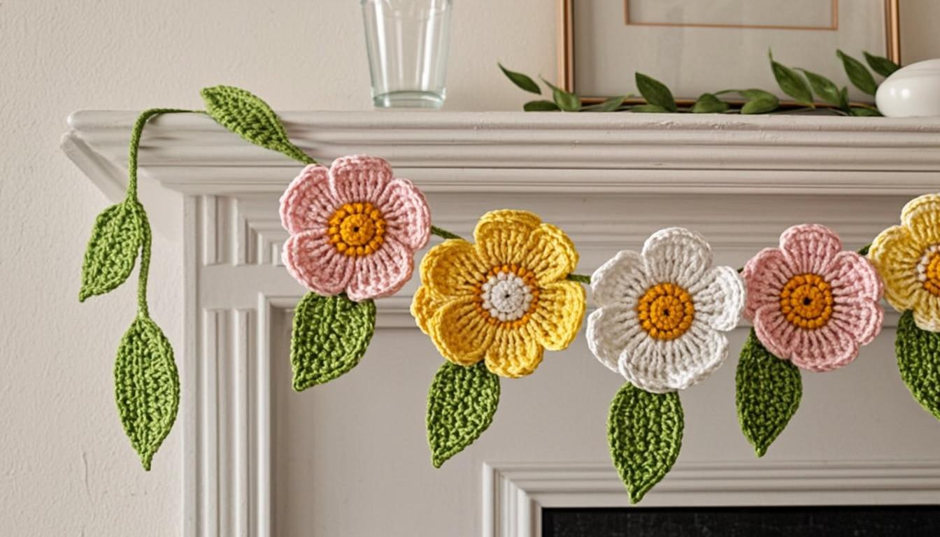 beautiful handmade crochet flower garland draped on a white mantelpiece