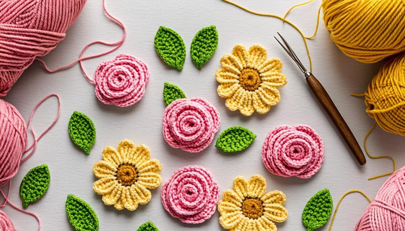 individual crochet flowers and leaves for a crochet garland pattern project