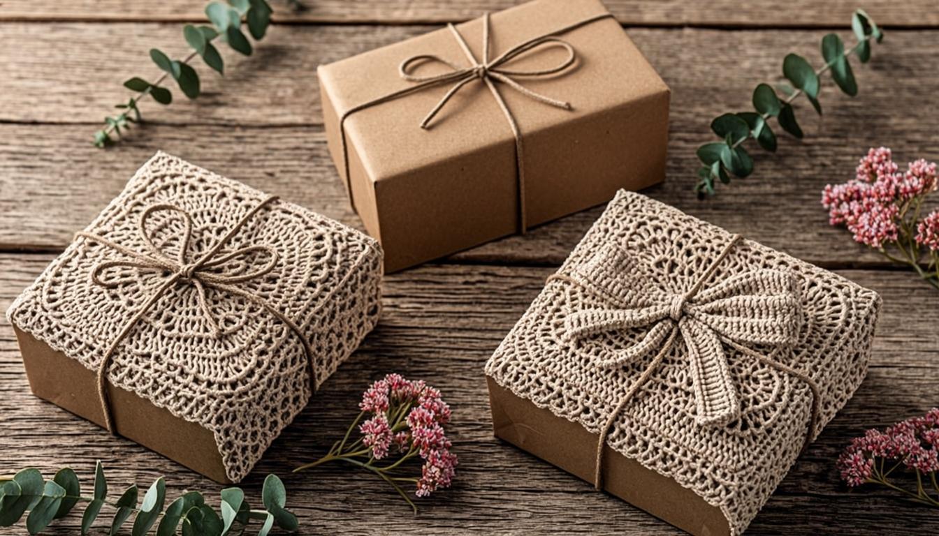 beautifully wrapped handmade crochet gifts for mom in gift boxes with twine bows