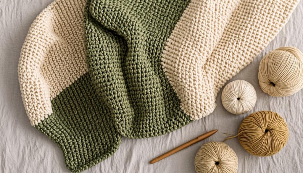 How to crochet a blanket - beautiful finished crochet blanket with yarn and crochet hook on white linen