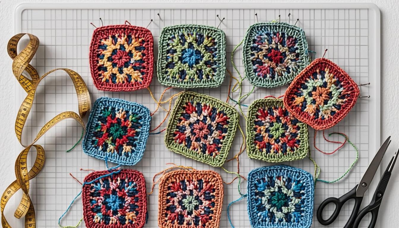 why are my granny squares different sizes - crocheted granny squares pinned to a blocking mat with T-pins for even sizing