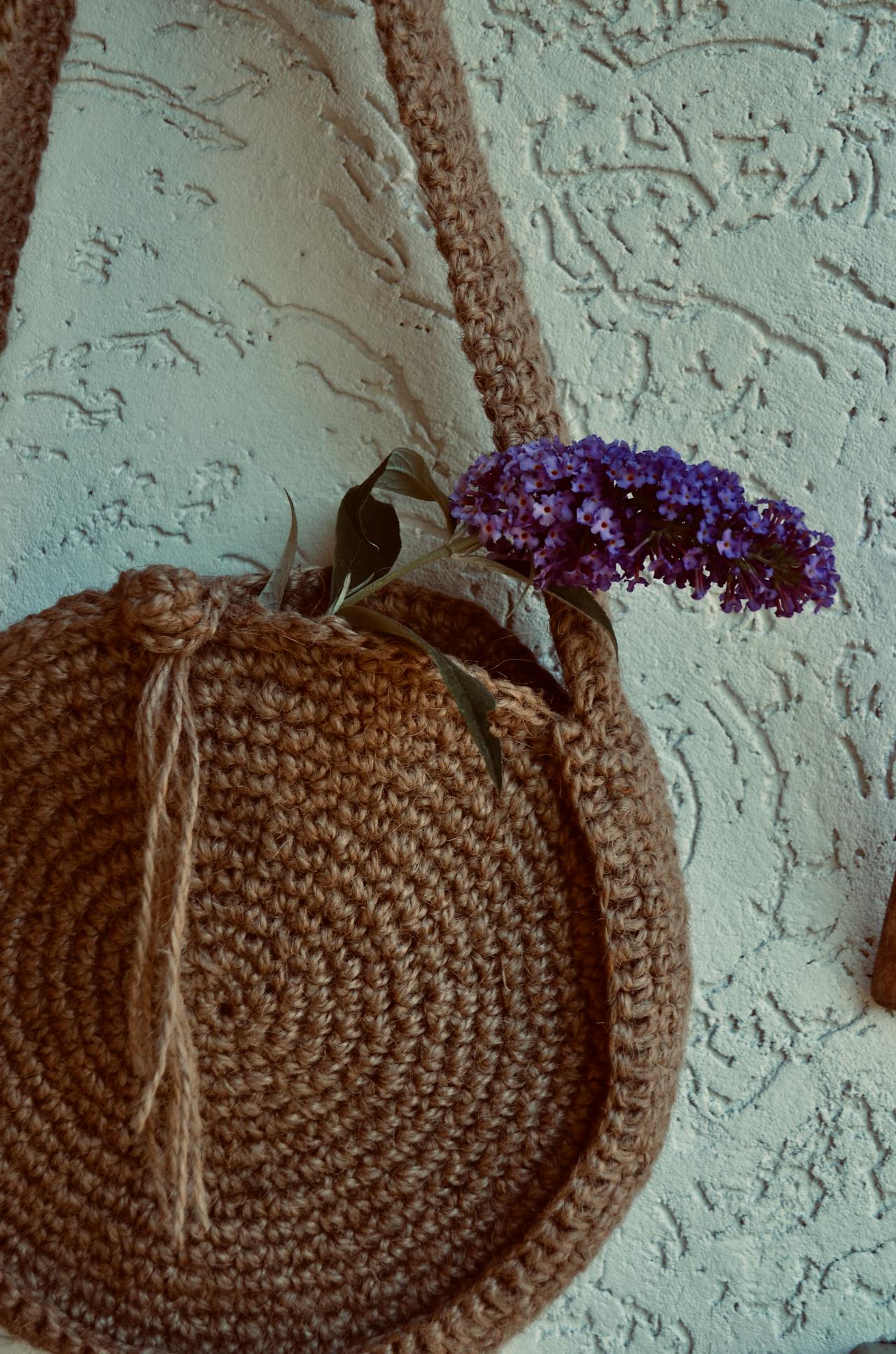 bohemian crochet drawstring bag with i-cord ties