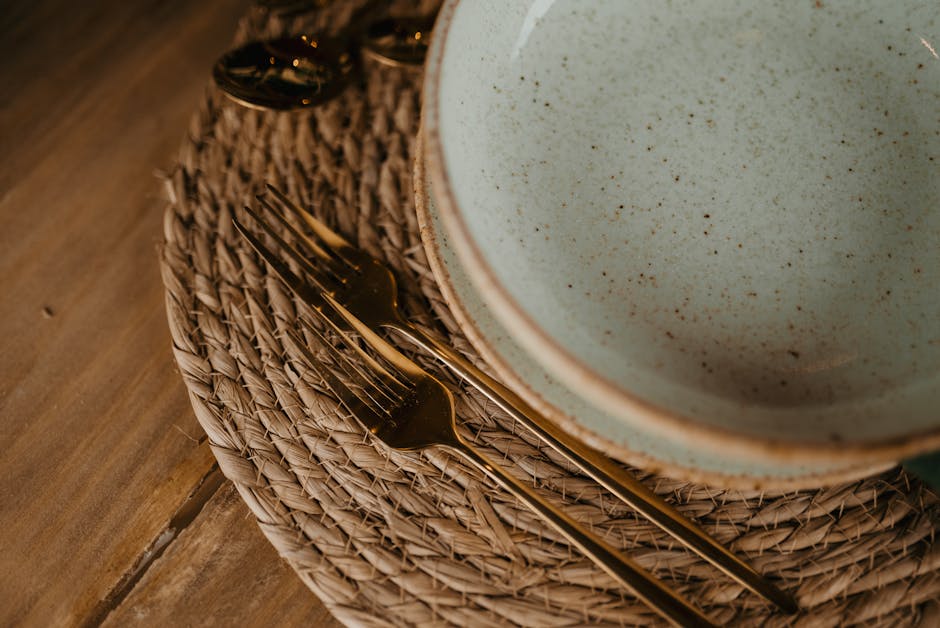 Rustic ceramic bowl on a woven placemat showcasing a finished crochet placemat pattern