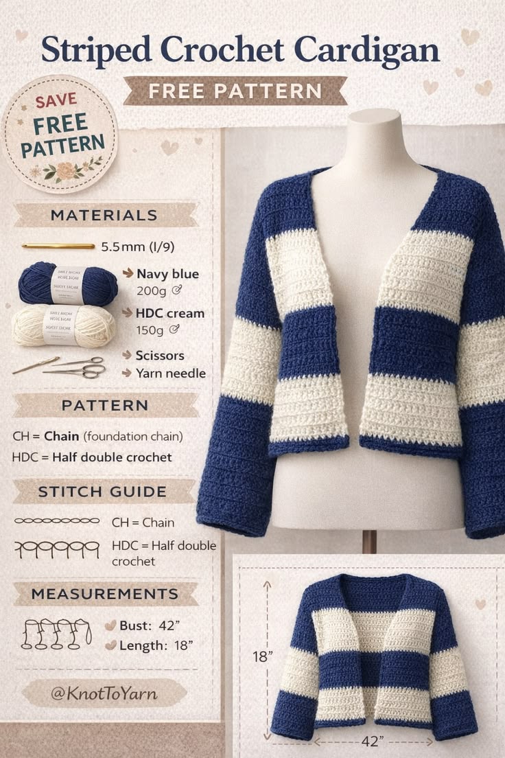 Striped crochet cardigan pattern infographic