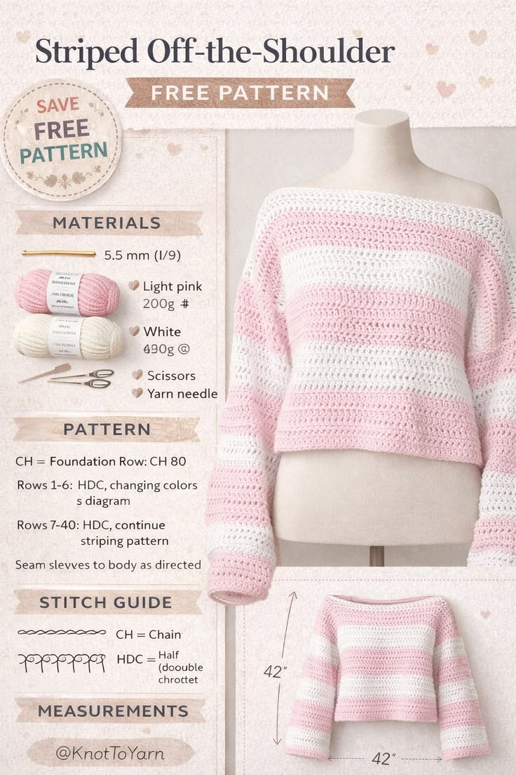 Off shoulder crochet sweater pattern infographic