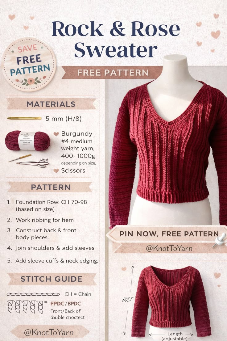 Rock and rose sweater pattern infographic