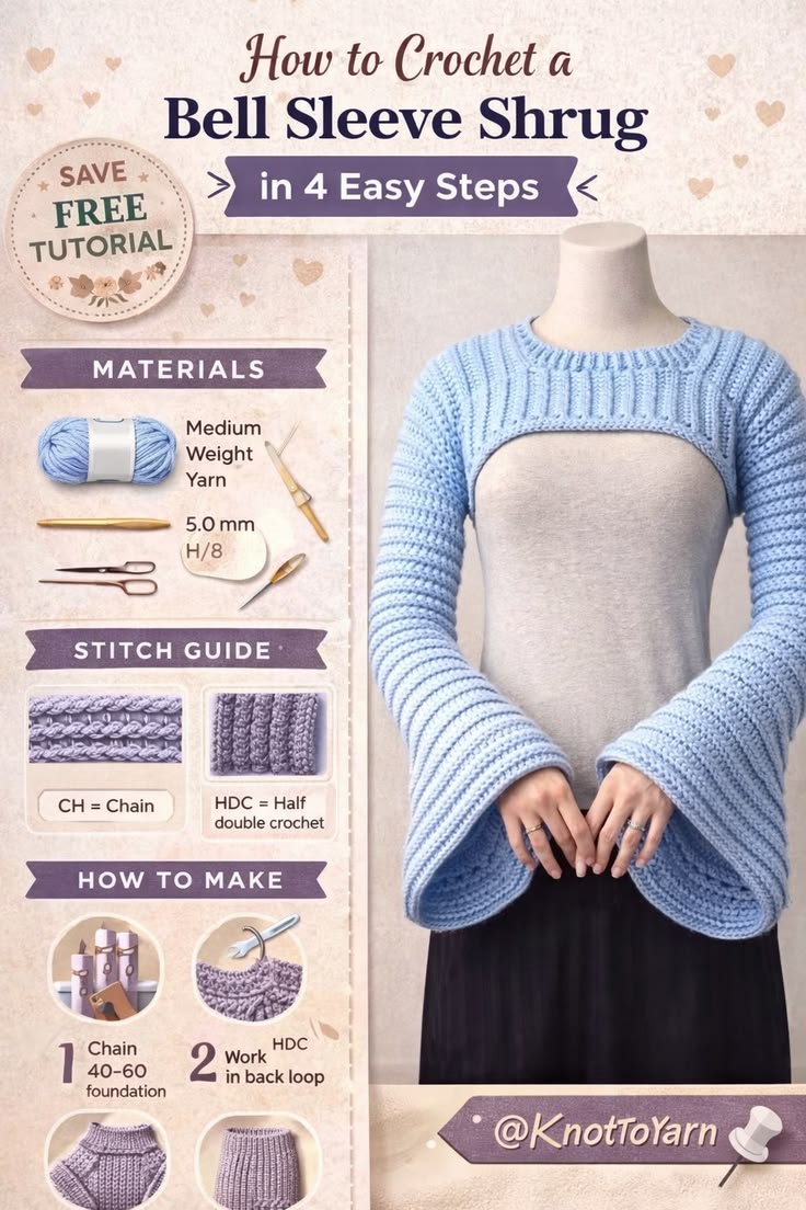 Crochet bell sleeve shrug step by step infographic
