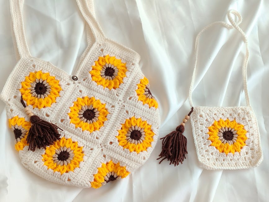 finished crochet sunflower granny square bag project