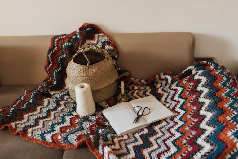 Modern granny square patterns displayed with colorful crochet blanket
