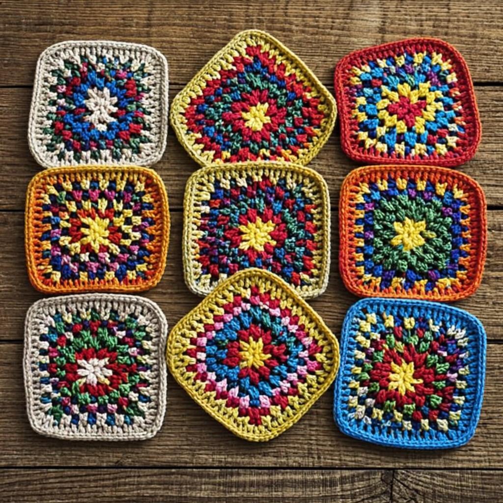 Colorful granny square coasters pattern collection showing classic cluster stitch designs
