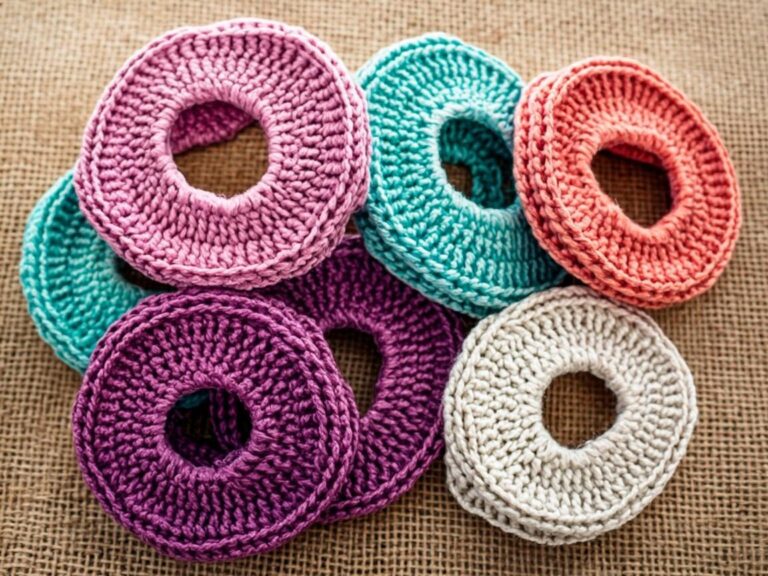 colorful handmade crochet scrunchies showing visible crochet stitch texture in various yarn colors