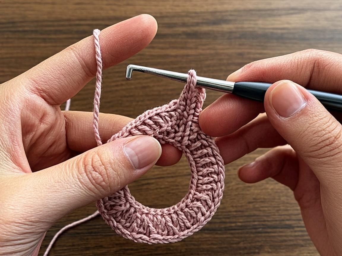 crochet hook and yarn creating a hair scrunchie with visible crochet stitch texture