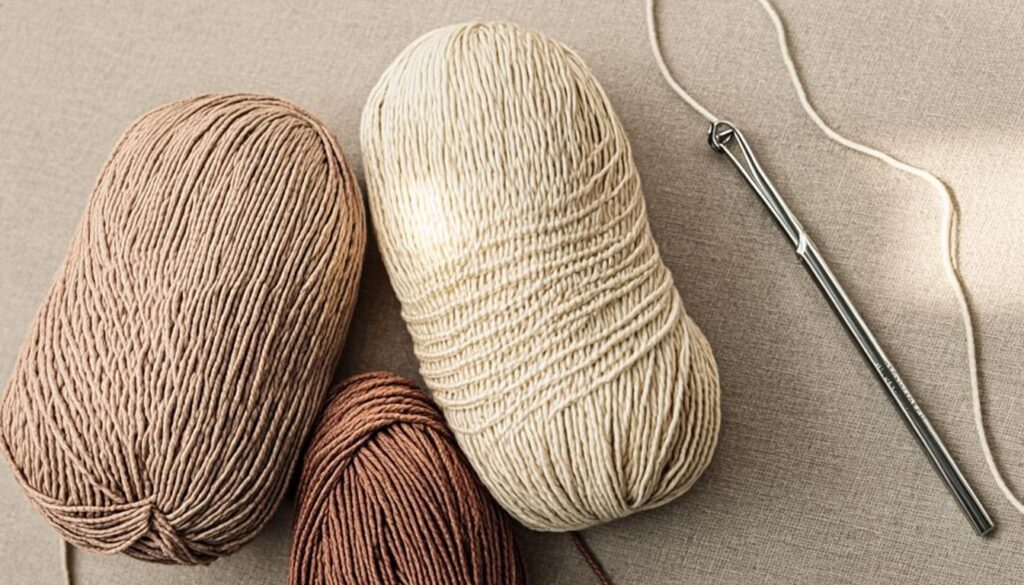 Cotton yarn balls in cream and tan colors with a crochet hook for sun hat making
