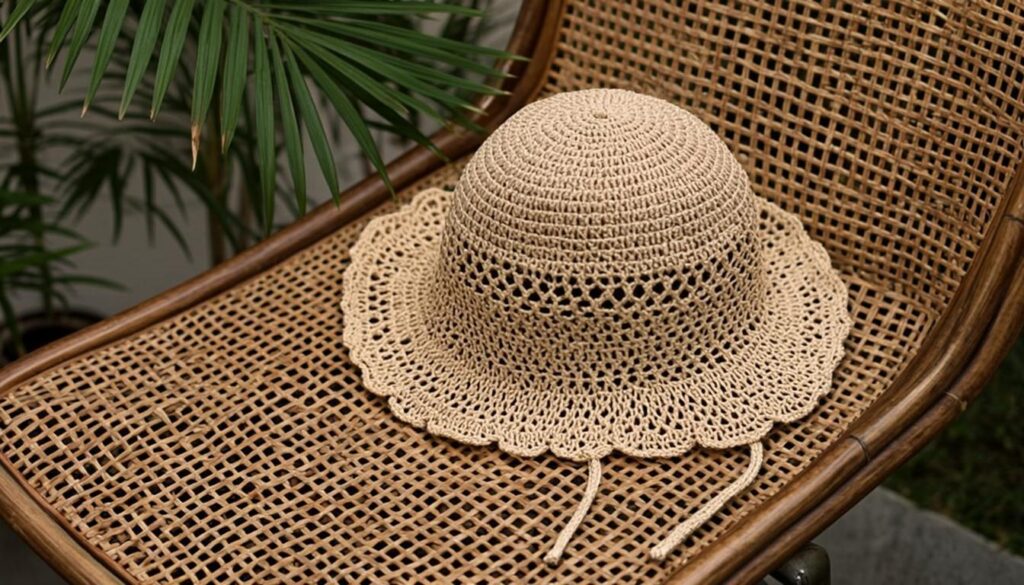 Finished crochet sun hat with wide brim and decorative ribbon on a rattan chair