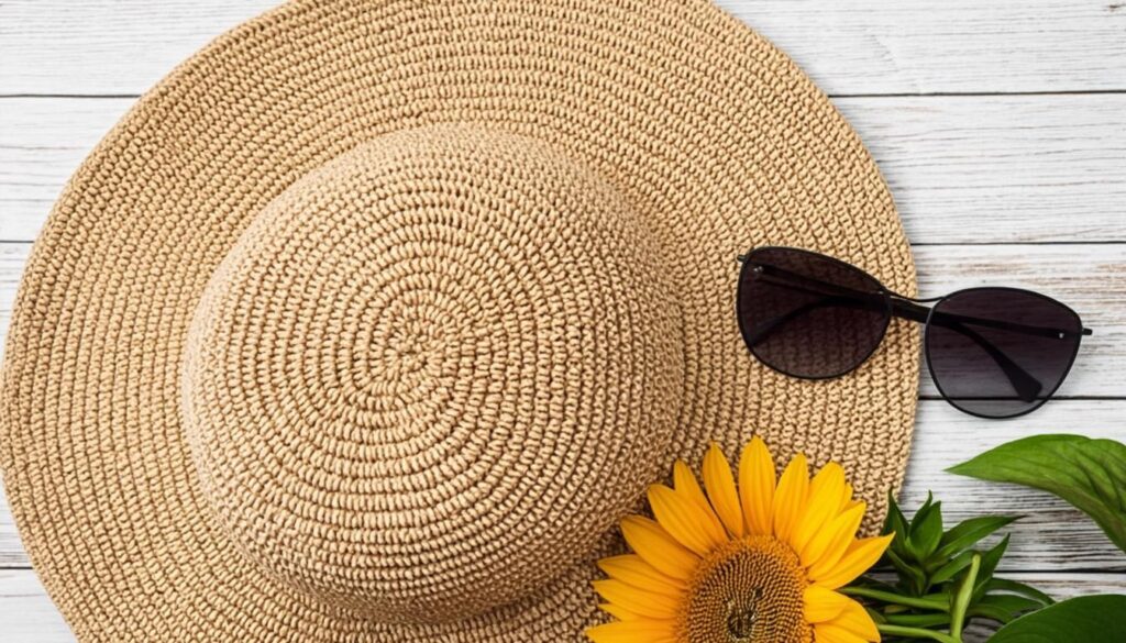 Wide brim crochet sun hat displayed with summer accessories on a white wooden table