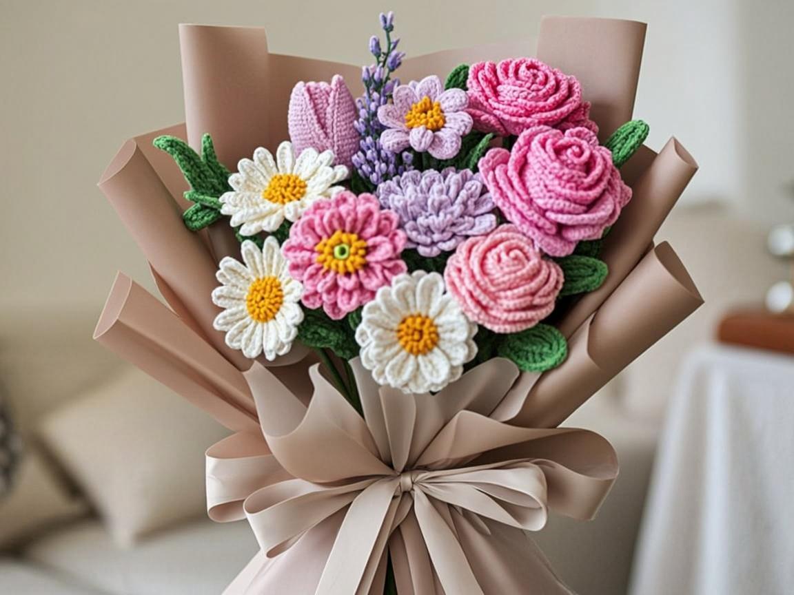 finished crochet daisy bouquet wrapped in paper with ribbon