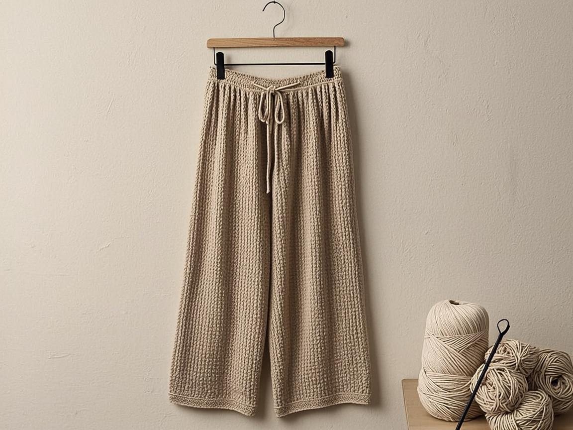 crochet wide leg pants - Handmade crochet pants hanging on a wooden hanger with yarn balls and crochet hook