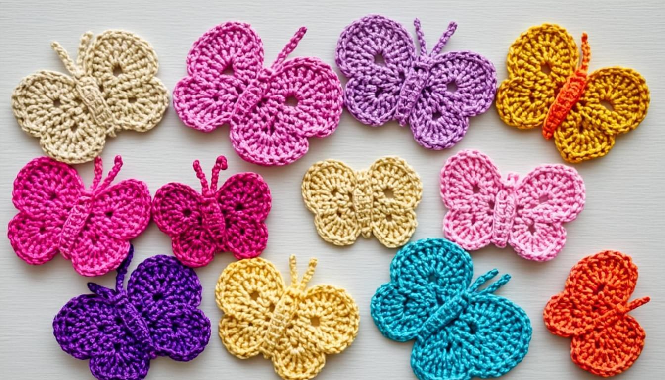 Delicate crochet butterfly appliques in colorful arrangements