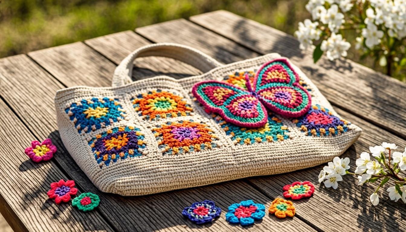 Crocheted butterfly on tote bag with flowers in garden