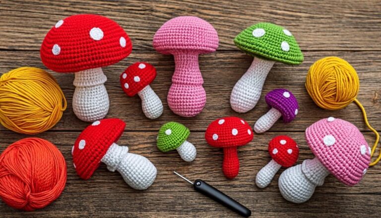 Adorable crochet mushroom amigurumi toys on wooden table