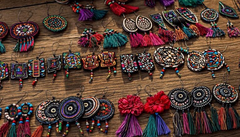 free crochet earring patterns - Handmade crochet earrings in various colorful designs displayed on a wooden surface including bohemian fringe, granny square, and flower earrings.