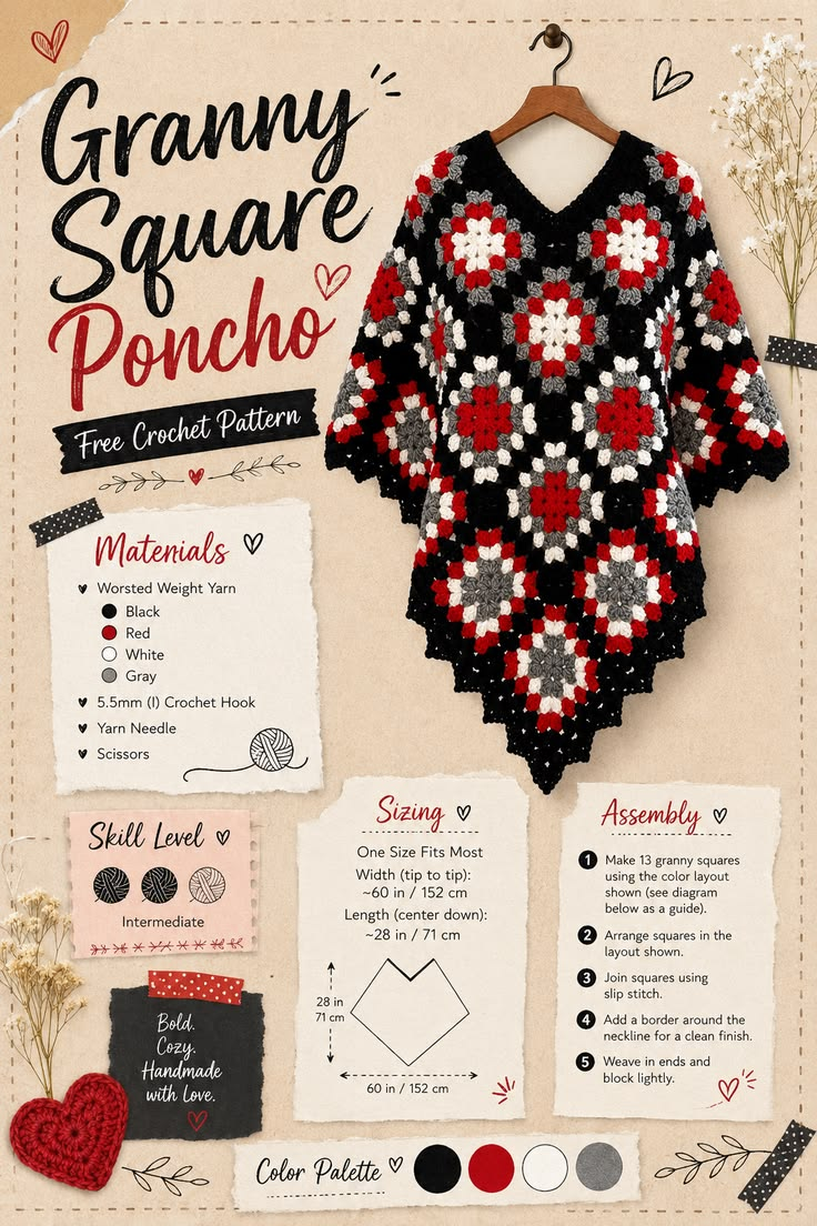 Granny square poncho pattern showing the finished crochet poncho made from 16 colorful granny squares joined with a no-sew technique