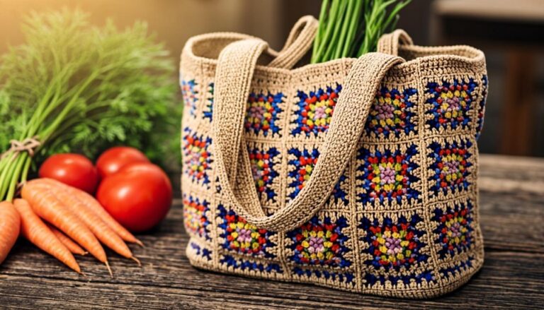 handmade granny square bag with colorful crochet squares and cotton handles