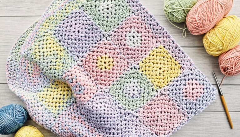 colorful granny square blanket with pastel squares on a wooden table