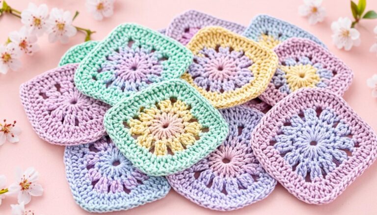 flower granny square motifs in pastel colors with detailed petal crochet work