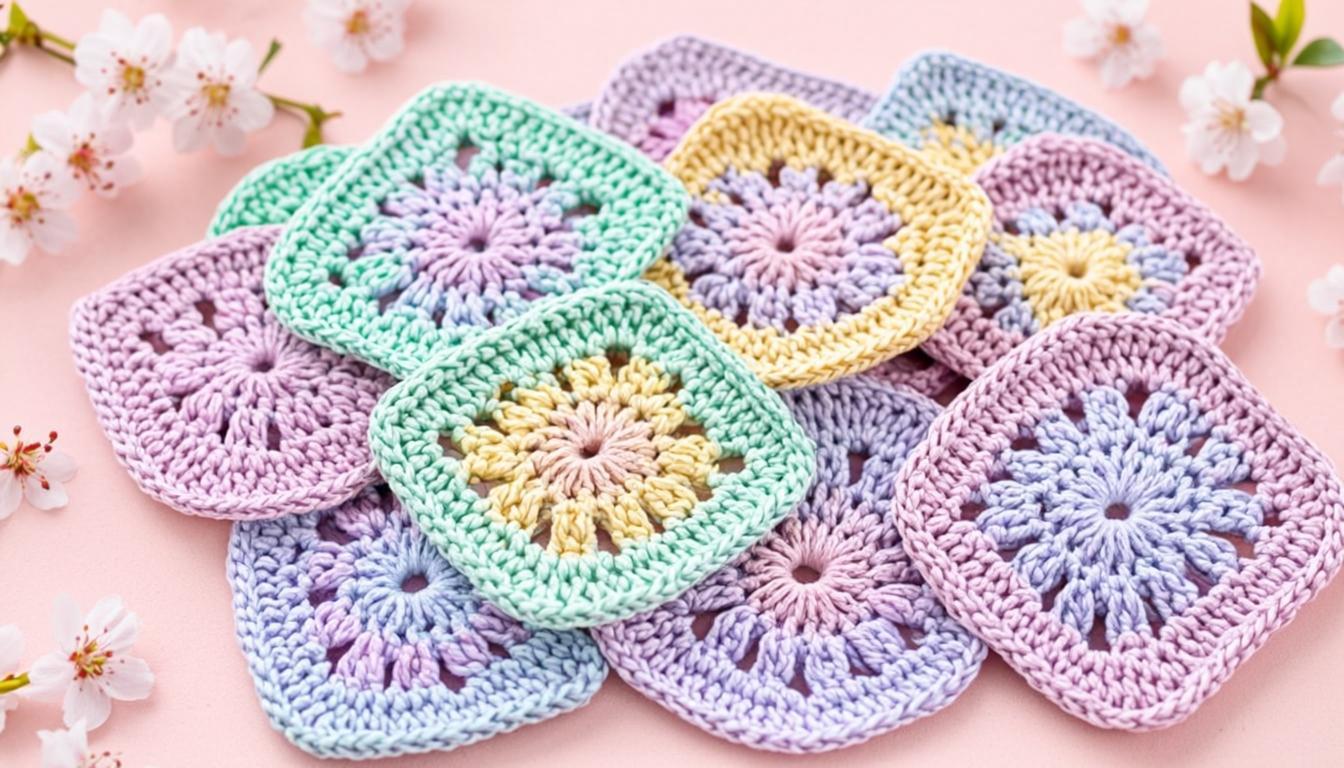 flower granny square motifs in pastel colors with detailed petal crochet work