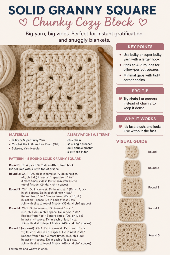 Chunky oversized solid granny square in cream yarn