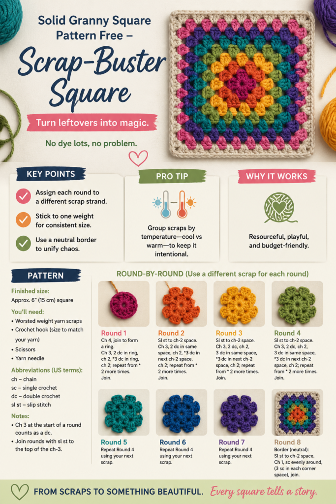 Scrap-buster multicolor solid granny square design