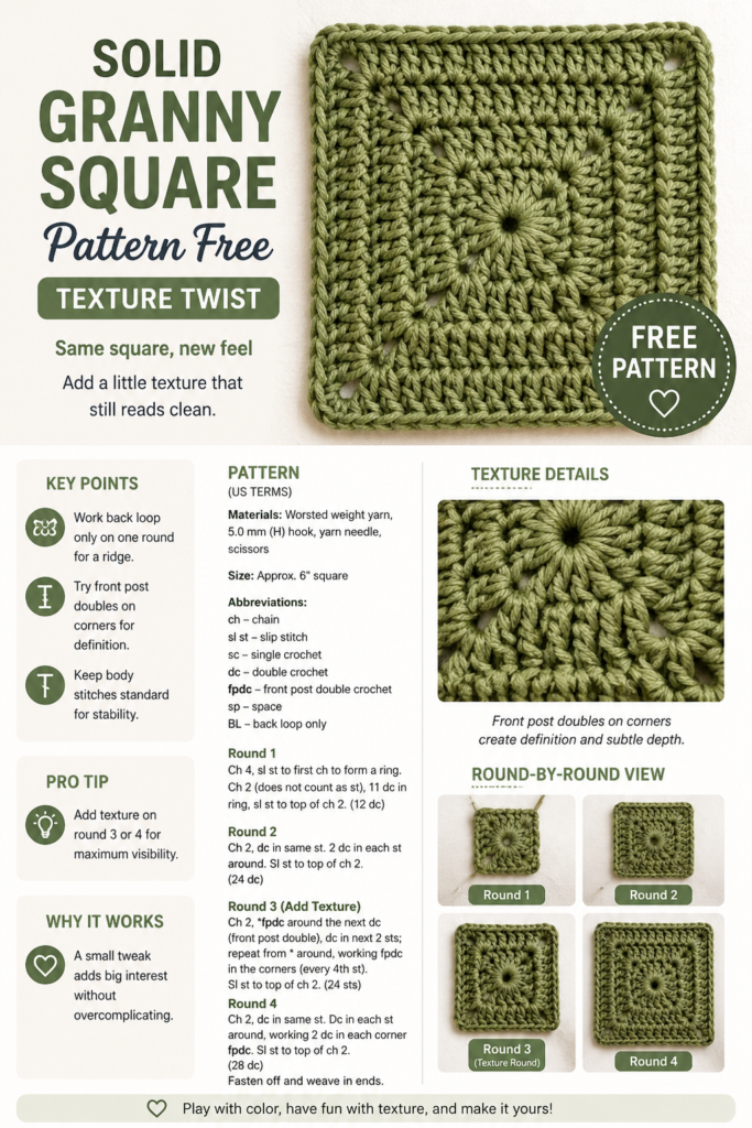 Textured solid granny square with alternating DC and HDC stitches