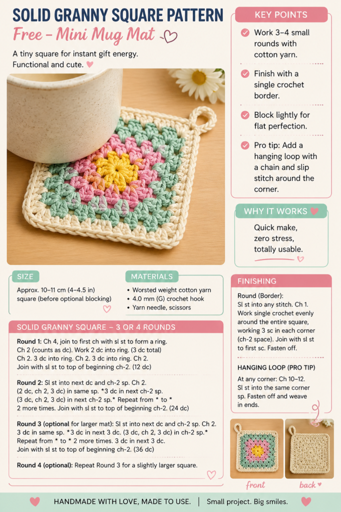 Mini solid granny square mug mat coaster in cotton yarn