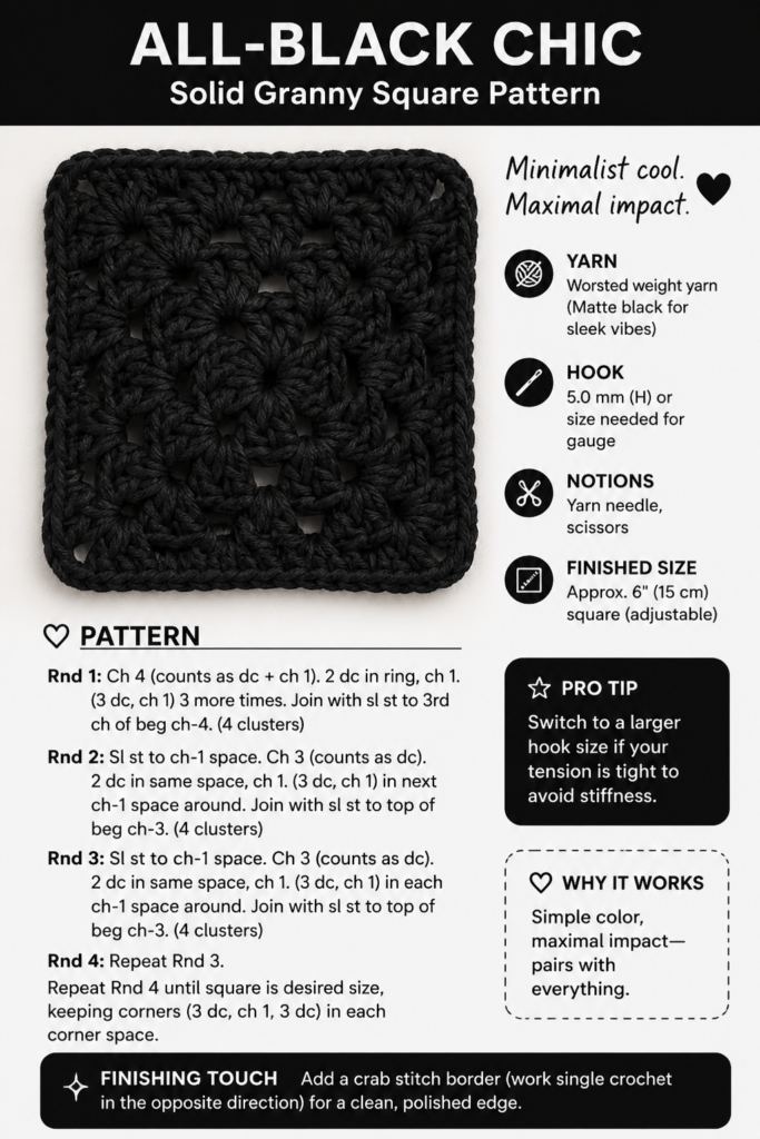 Solid granny square in black yarn modern monochrome design