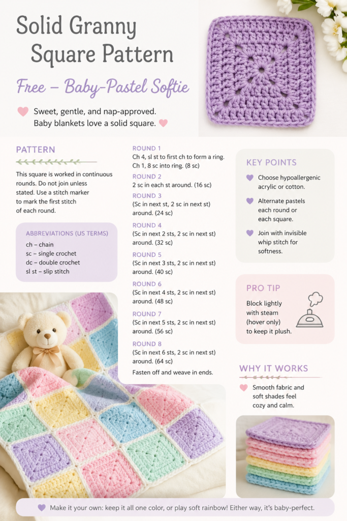 Pastel baby solid granny square in mint lavender and pink