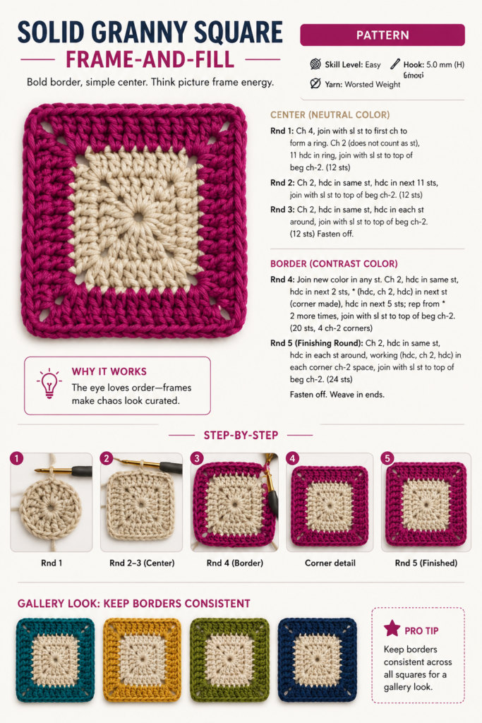 Frame and fill solid granny square with color ring border