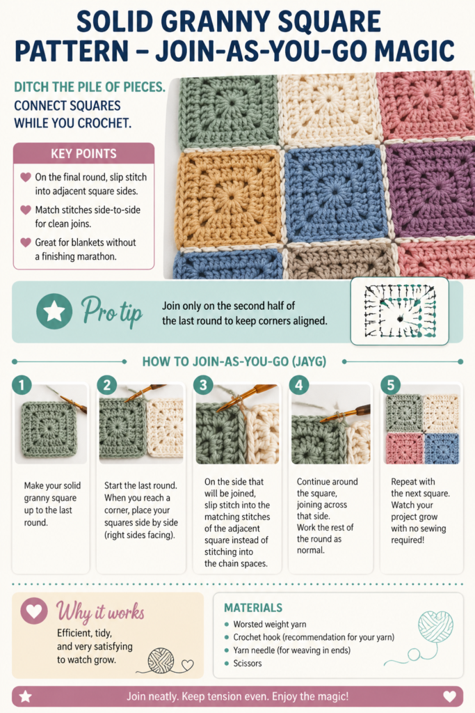 Join as you go solid granny squares connected together