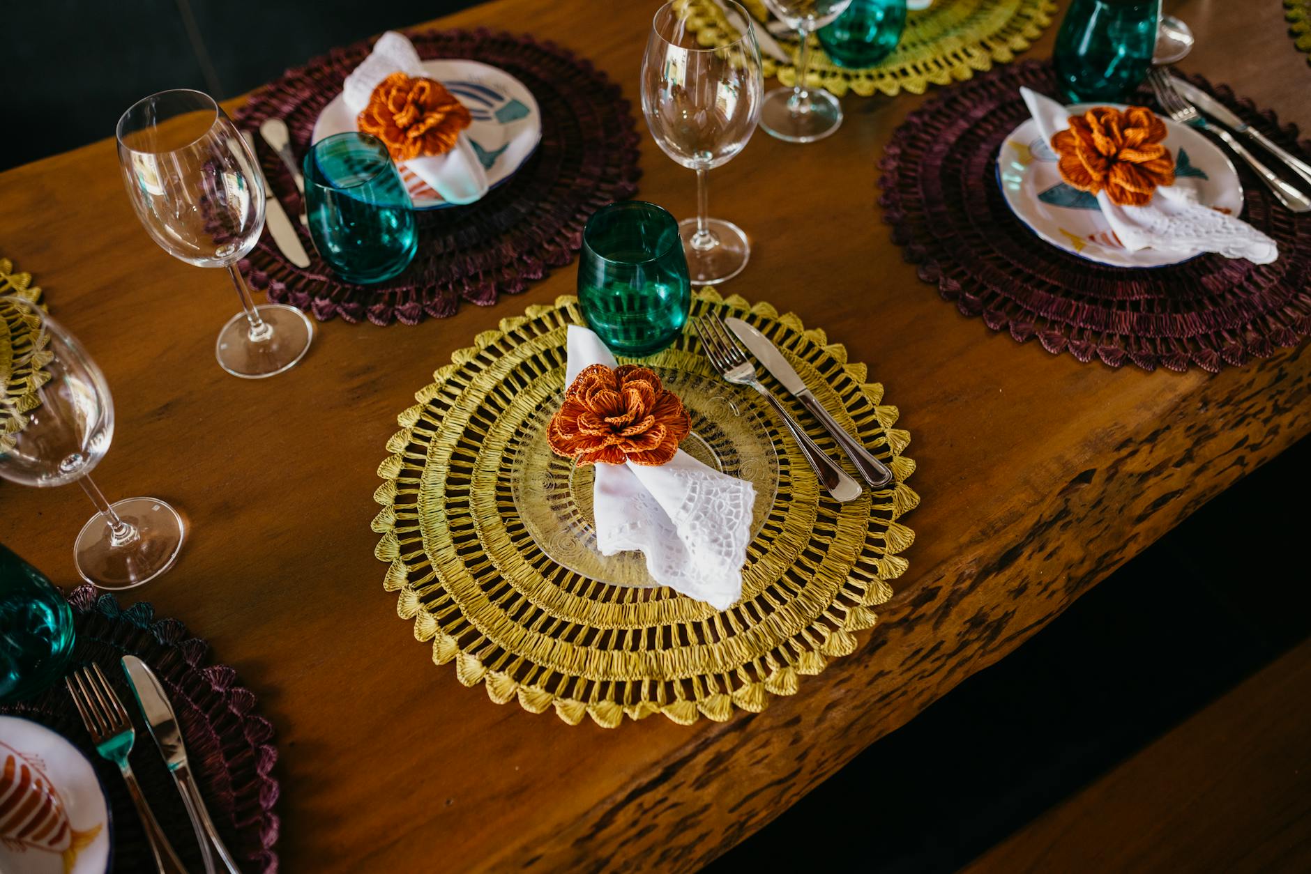 crochet placemat pattern - A beautifully arranged rustic table set for a formal dining experience with lace napkins and croch
