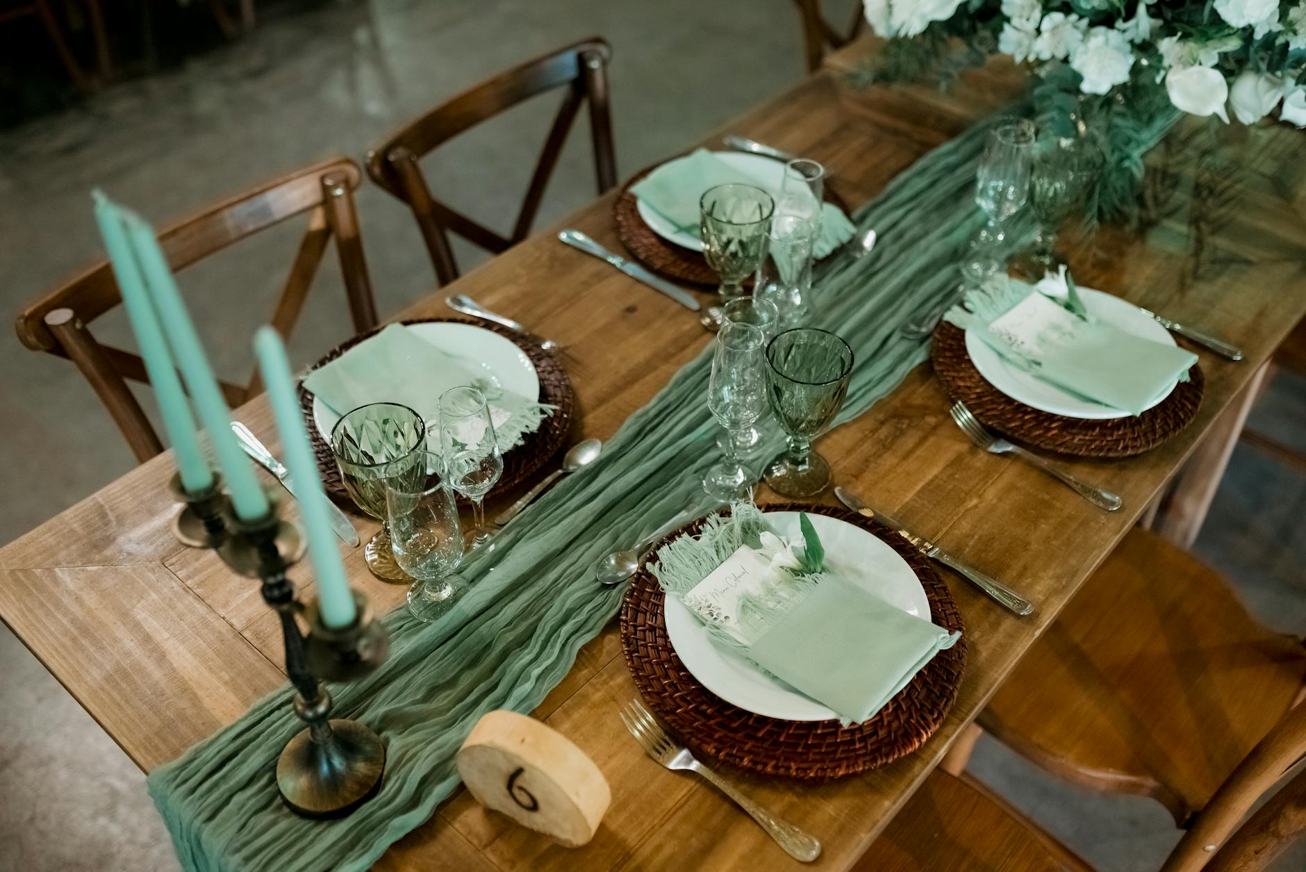 crochet table runner patterns - Beautiful rustic table setting with green accents for an elegant dining experience.