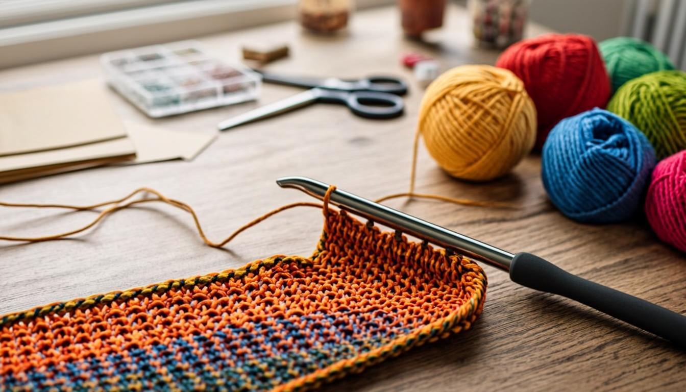 crochet tote bag work in progress with yarn and crochet hook