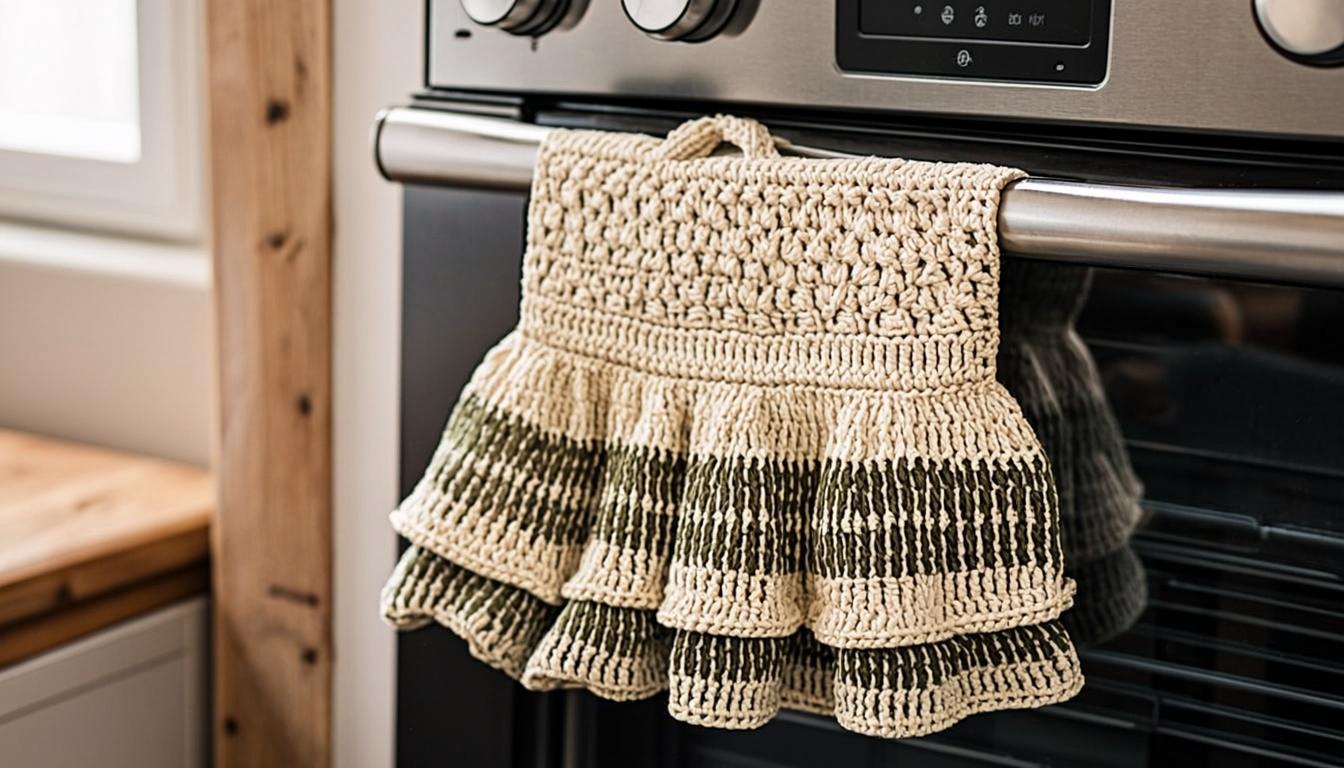 crochet towel holder pattern - Handmade crochet towel topper holder in cream and sage green shell stitch design hanging on a kitchen oven handle in a cozy farmhouse kitchen.