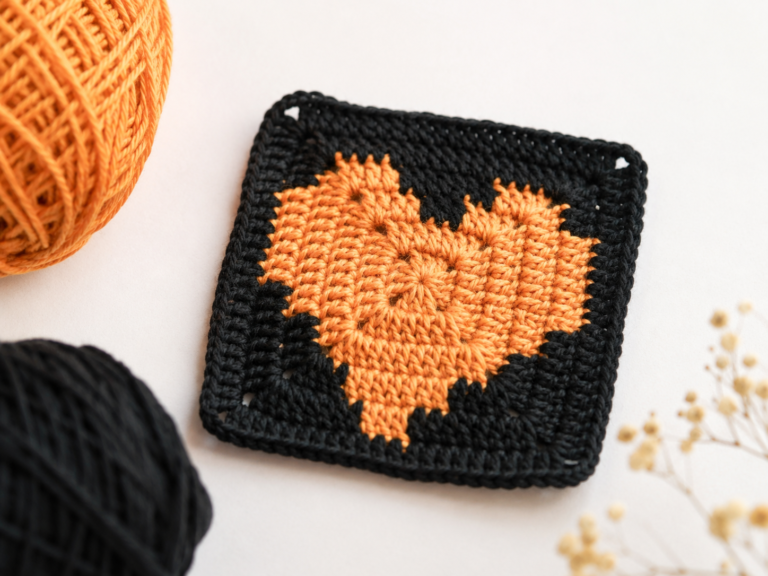 Heart solid granny square finished piece showing the heart motif on a solid background