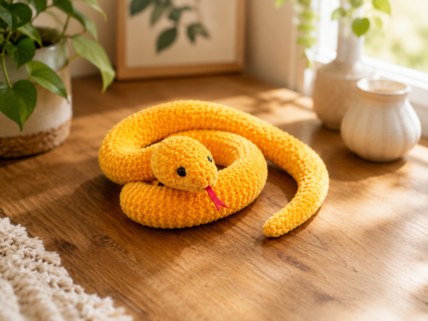 Amigurumi snake pattern, posable wire-frame crochet snake in an S-curve